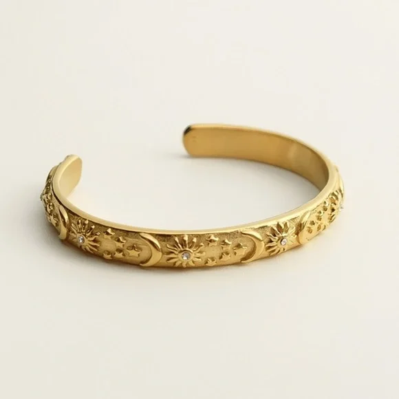 Bohemian Crescent Star Bangle Bracelet | Gold Plated Stainless Steel - Picture 4 of 4